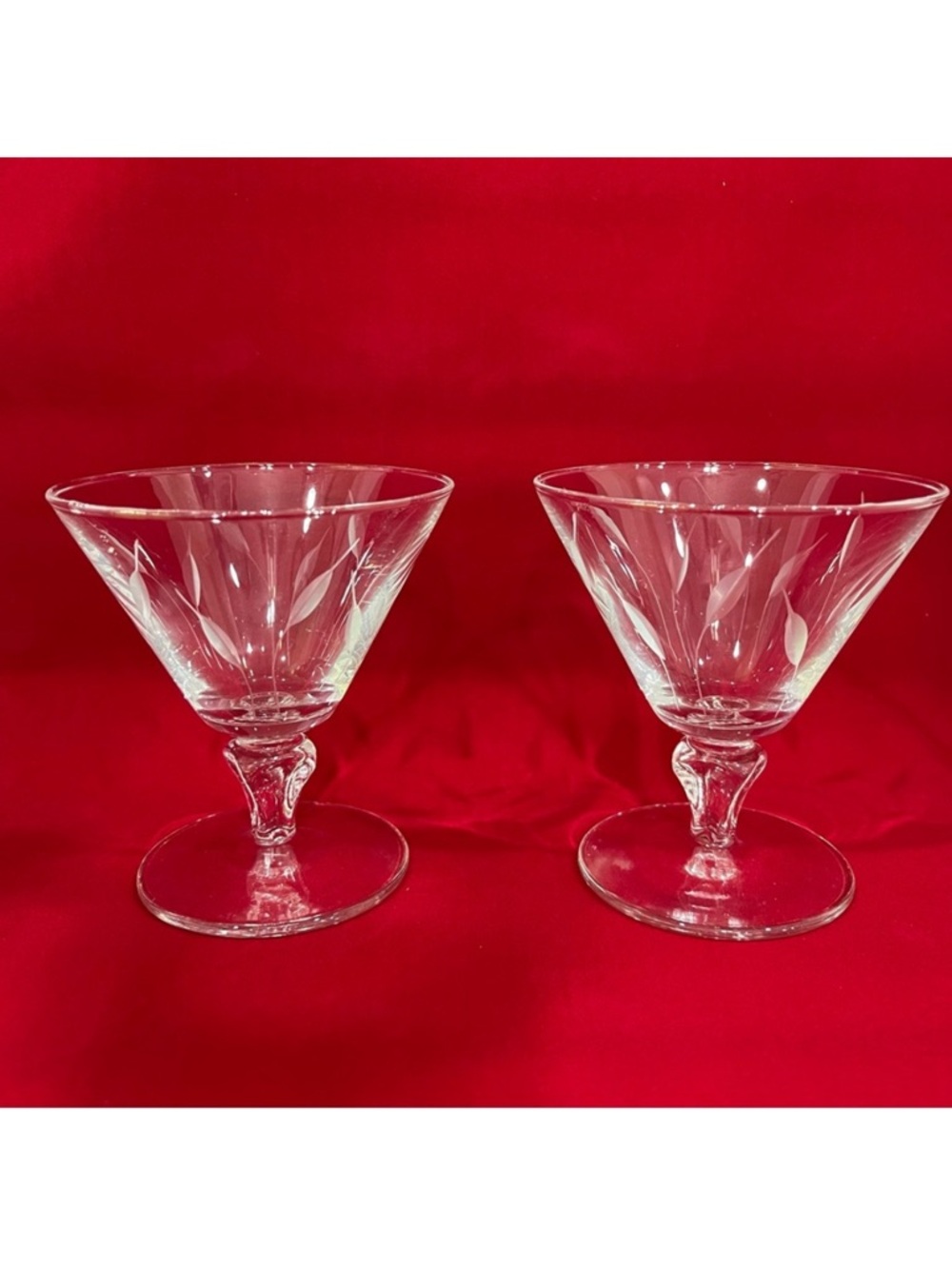 Cattail Leaf Cut Glass Champagne Sherbet Glasses Stemmed Formal Vintage Set of 2